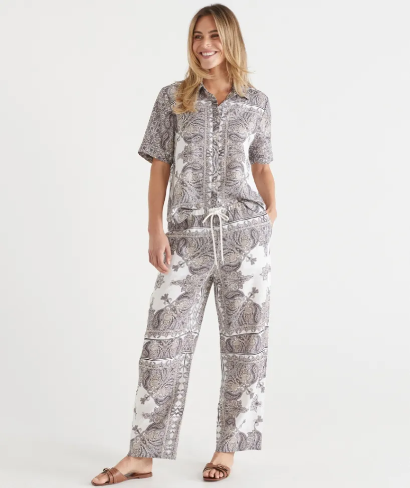 Sussan Pants|Matching Sets>Bandana Print Drawstring Wide Leg Linen Pant