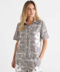 Sussan Tops|Shirts & Blouses>Bandana Print Short Sleeve Linen Shirt