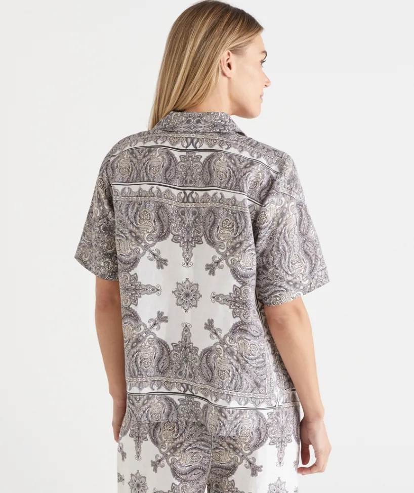 Sussan Tops|Shirts & Blouses>Bandana Print Short Sleeve Linen Shirt