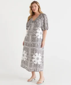 Sussan Dresses|Matching Sets>Bandana Print V Neck Short Sleeve Midi Linen Dress