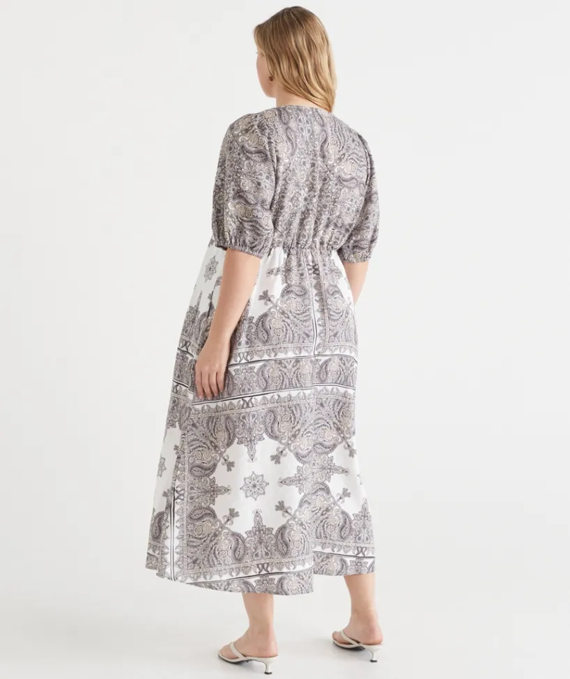 Sussan Dresses|Matching Sets>Bandana Print V Neck Short Sleeve Midi Linen Dress