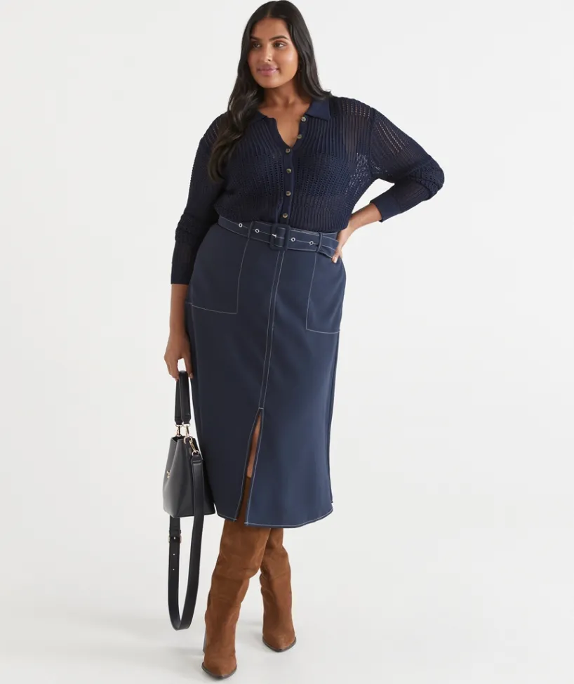 Sussan Skirts>Belted A-Line Midi Skirt