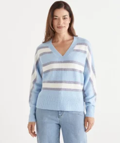 Sussan Tops|Knitwear>Brushed Stripe V Neck Jumper
