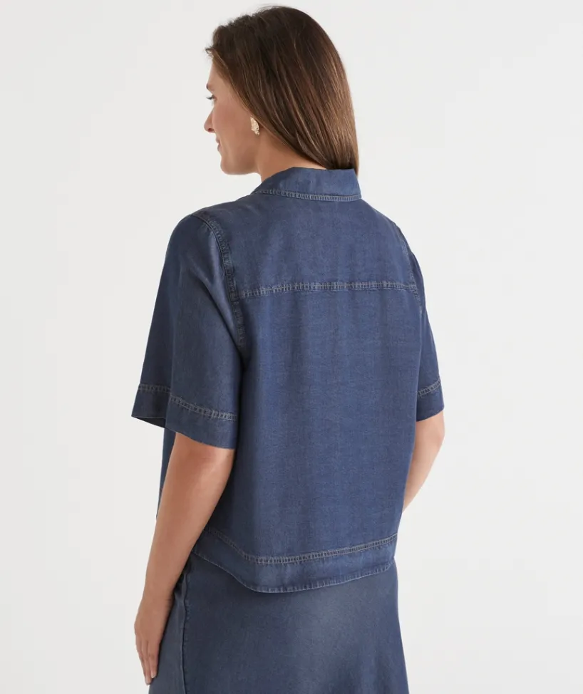 Sussan Tops|Matching Sets>Chambray Boxy Short Sleeve Shirt