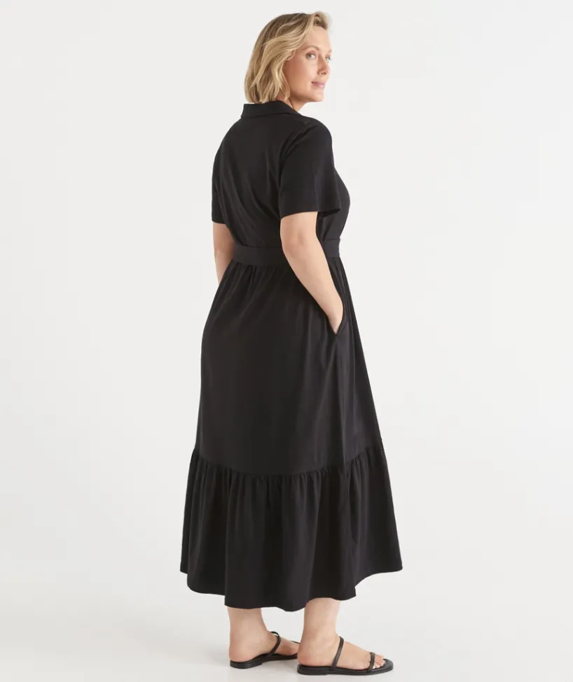 Sussan Dresses>Collared Jersey Short Sleeve Midi Dress
