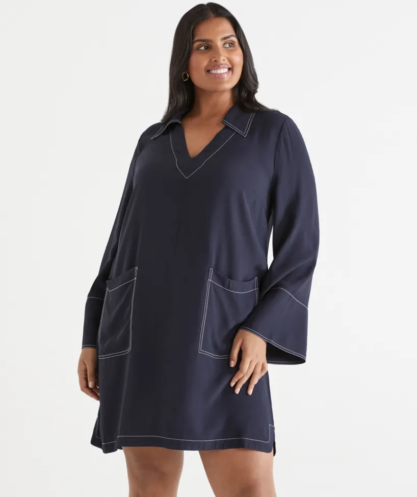Sussan Dresses>Contrast Stitch Collared Popover Dress