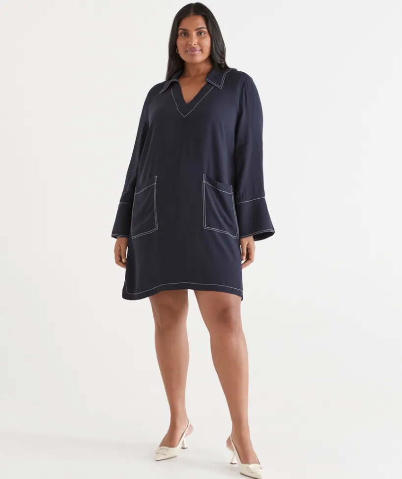 Sussan Dresses>Contrast Stitch Collared Popover Dress