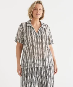 Sussan Tops|T-Shirts>Crochet Short Sleeve Polo Top