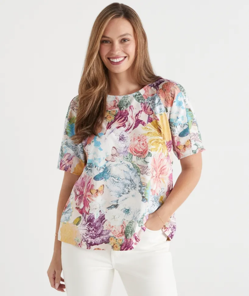 Sussan Tops>Floral Brights Seam Detail Short Sleeve Top
