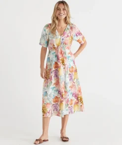 Sussan Dresses>Floral Brights V Neck Shirred Midi Linen Dress
