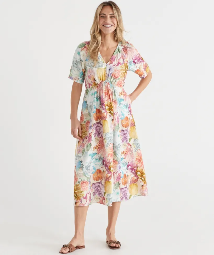 Sussan Dresses>Floral Brights V Neck Shirred Midi Linen Dress