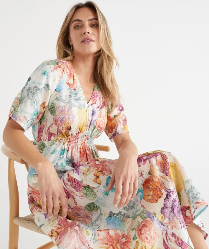 Sussan Dresses>Floral Brights V Neck Shirred Midi Linen Dress