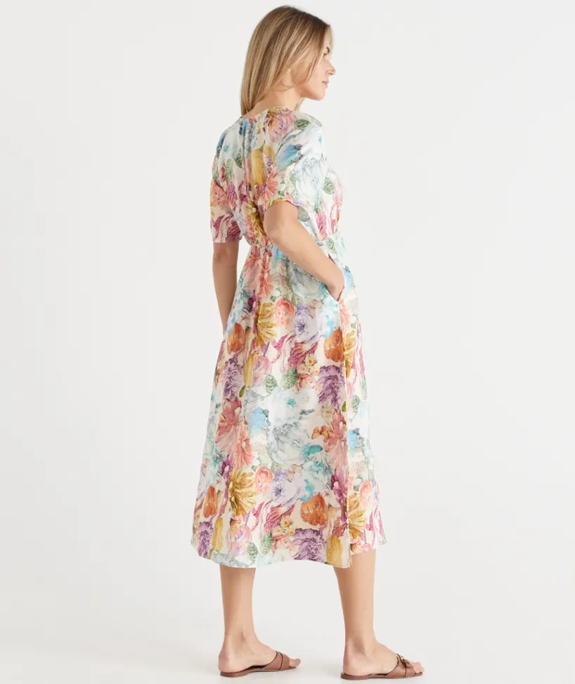 Sussan Dresses>Floral Brights V Neck Shirred Midi Linen Dress