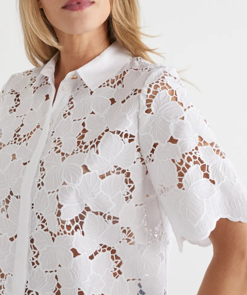 Sussan Tops|Shirts & Blouses>Floral Garden Broderie Short Sleeve Shirt