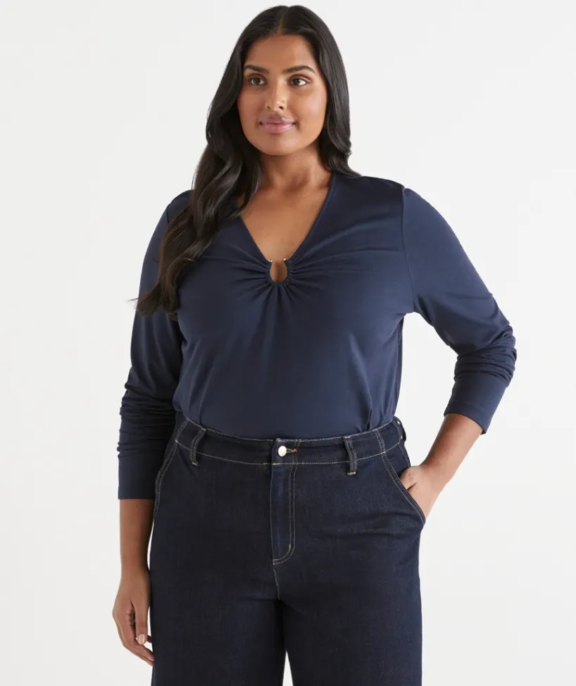 Sussan Tops>Hardware Detail Long Sleeve Top - Navy