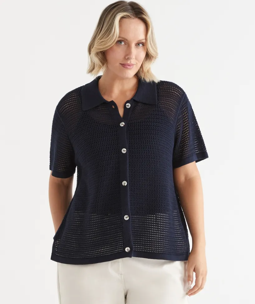 Sussan Tops|Matching Sets>Knit Pointelle Polo Top