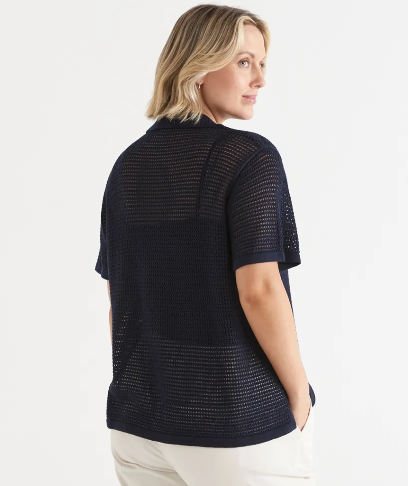 Sussan Tops|Matching Sets>Knit Pointelle Polo Top