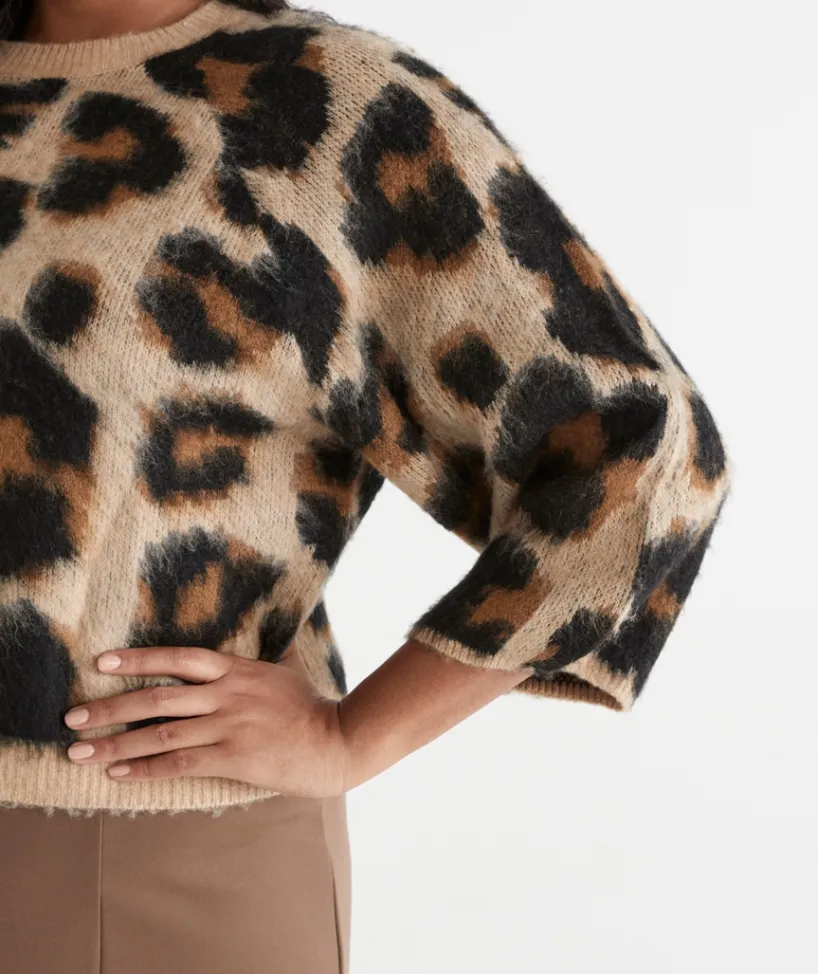 Sussan Tops|Knitwear>Leopard Print 3/4 Sleeve Knit Top
