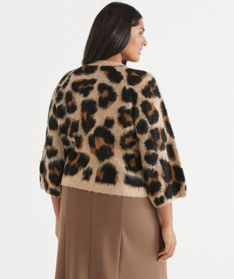 Sussan Tops|Knitwear>Leopard Print 3/4 Sleeve Knit Top