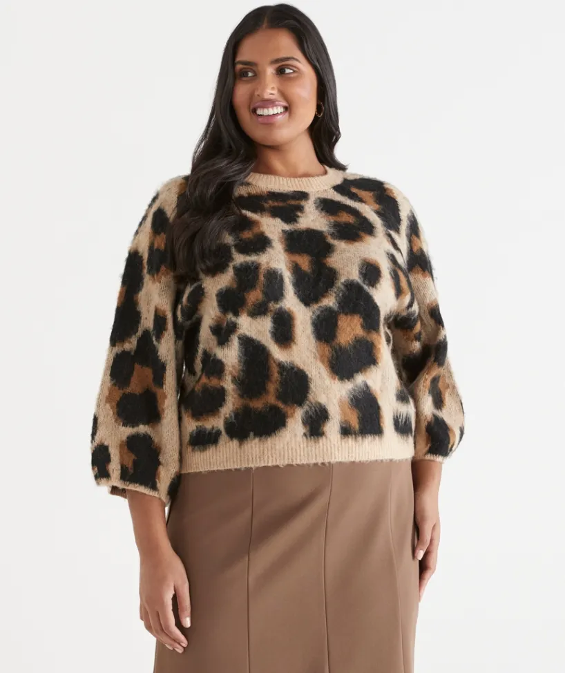 Sussan Tops|Knitwear>Leopard Print 3/4 Sleeve Knit Top