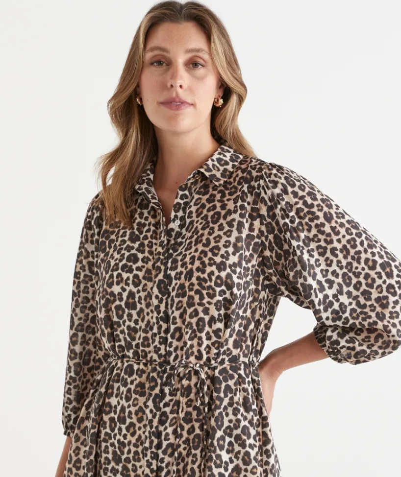 Sussan Dresses>Leopard Print Belted Midi Shirt Dress