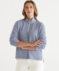 Sussan Tops|Loungewear>Lightweight Quarter-Zip Jumper - Blue Stripe