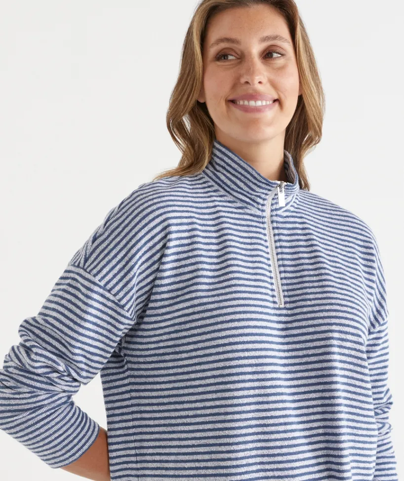 Sussan Tops|Loungewear>Lightweight Quarter-Zip Jumper - Blue Stripe