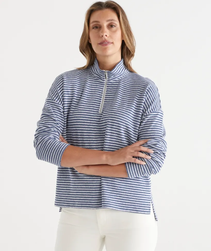 Sussan Tops|Loungewear>Lightweight Quarter-Zip Jumper - Blue Stripe