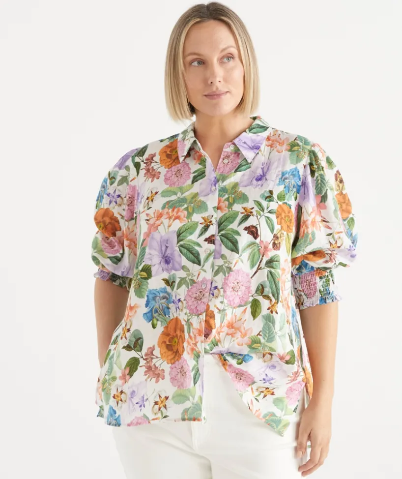 Sussan Tops|Matching Sets>Linen Floral Botanical 3/4 Sleeve Shirt