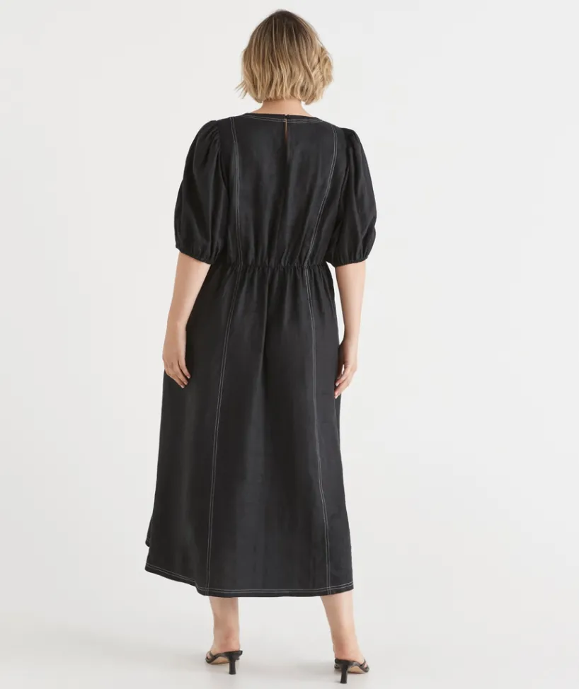 Sussan Dresses>Linen Stitch Detail Short Sleeve Midi Dress
