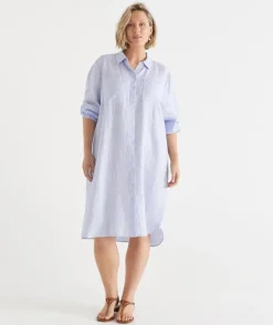 Sussan Dresses>Linen Stripe Midi Shirt Dress
