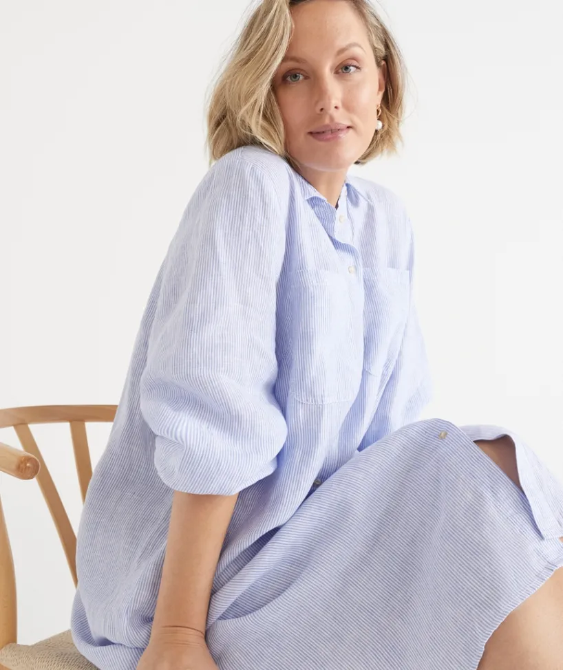 Sussan Dresses>Linen Stripe Midi Shirt Dress