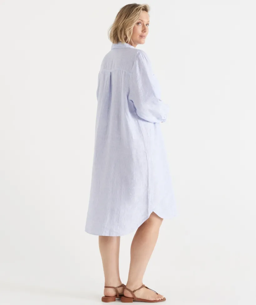 Sussan Dresses>Linen Stripe Midi Shirt Dress