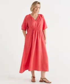 Sussan Dresses>Linen V Neck Shirred Short Sleeve Midi Dress