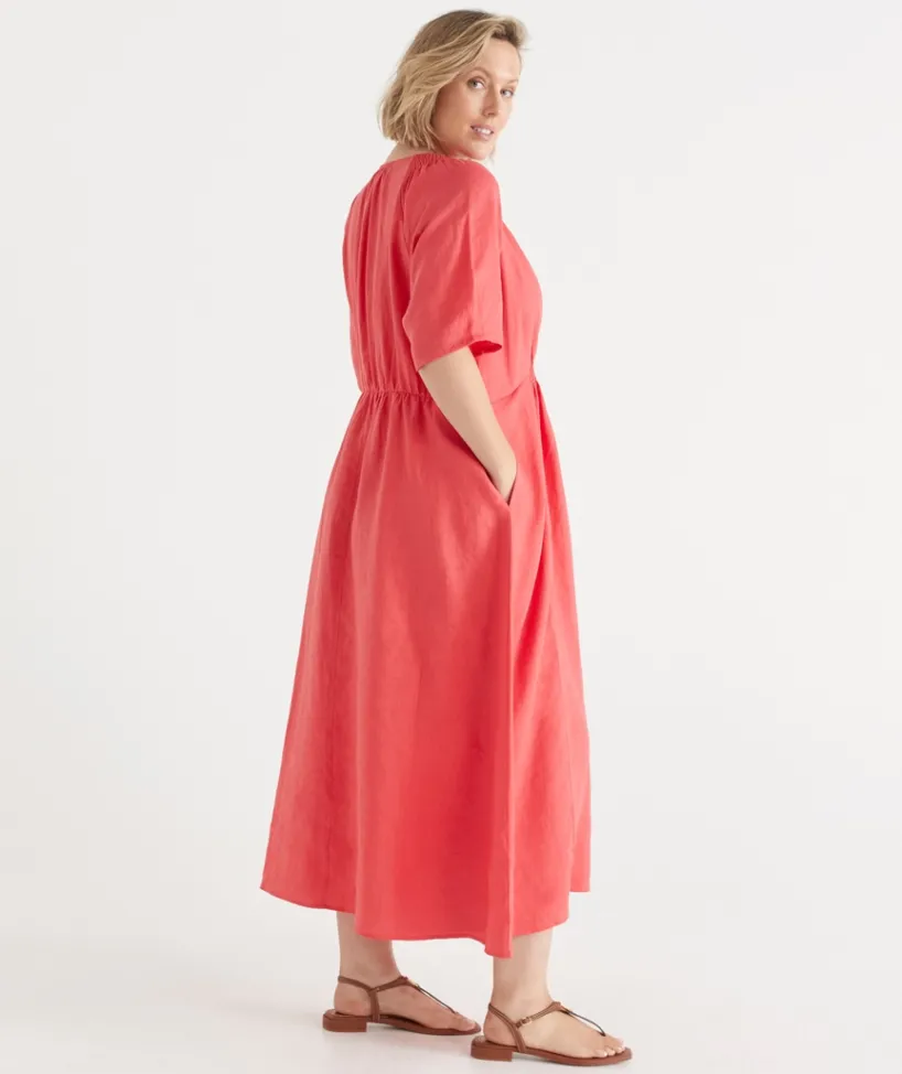 Sussan Dresses>Linen V Neck Shirred Short Sleeve Midi Dress