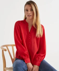 Sussan Tops|Shirts & Blouses>Long Sleeve Button Detail Blouse - Red