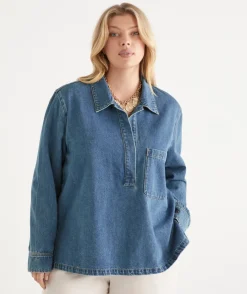 Sussan Tops|Shirts & Blouses>Long Sleeve Denim Popover Shirt