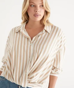Sussan Tops|Shirts & Blouses>Long Sleeve Front Knot Stripe Shirt