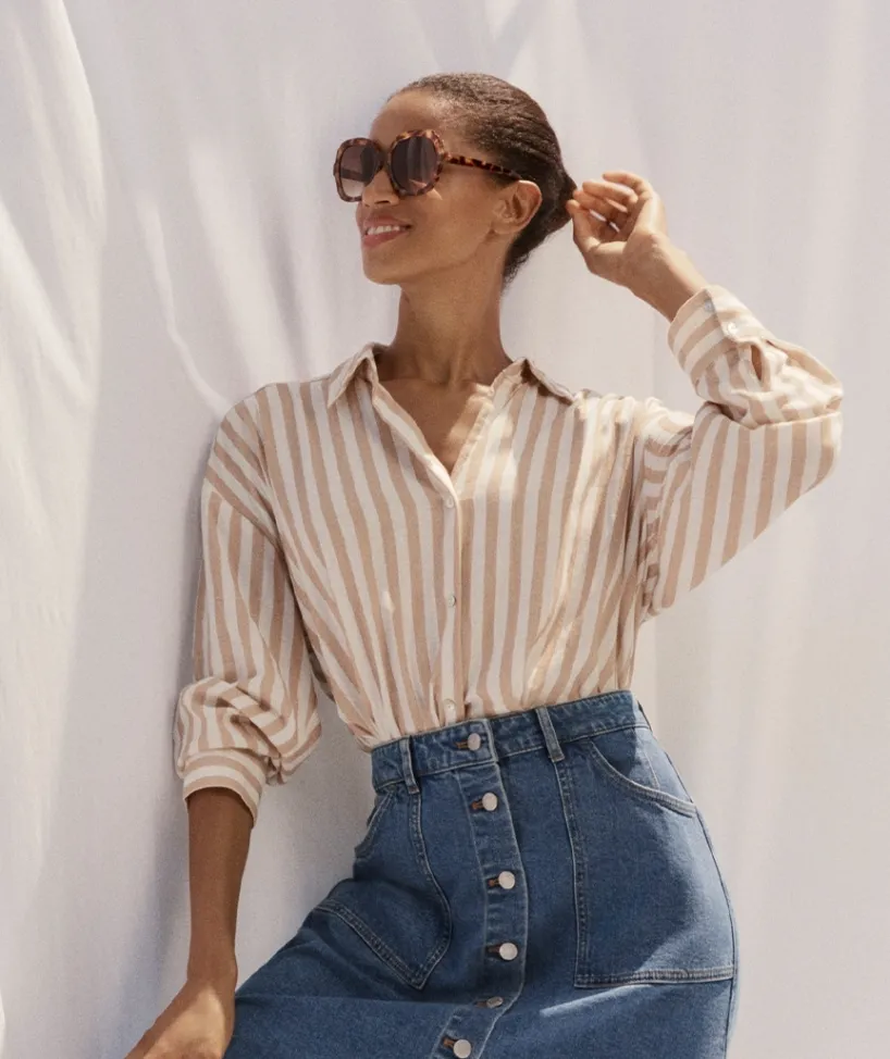 Sussan Tops|Shirts & Blouses>Long Sleeve Front Knot Stripe Shirt