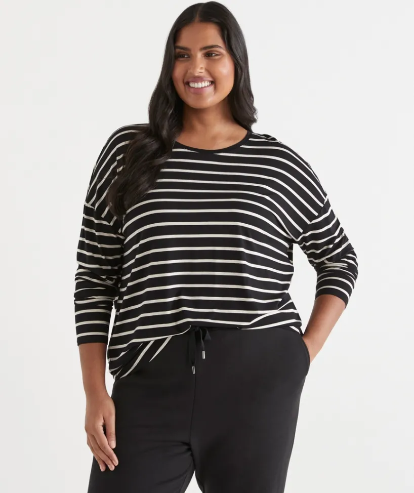 Sussan Tops|T-Shirts>Long Sleeve Stripe Pleat Back Tee -