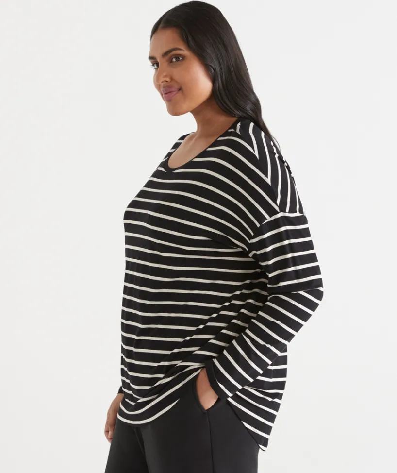 Sussan Tops|T-Shirts>Long Sleeve Stripe Pleat Back Tee -