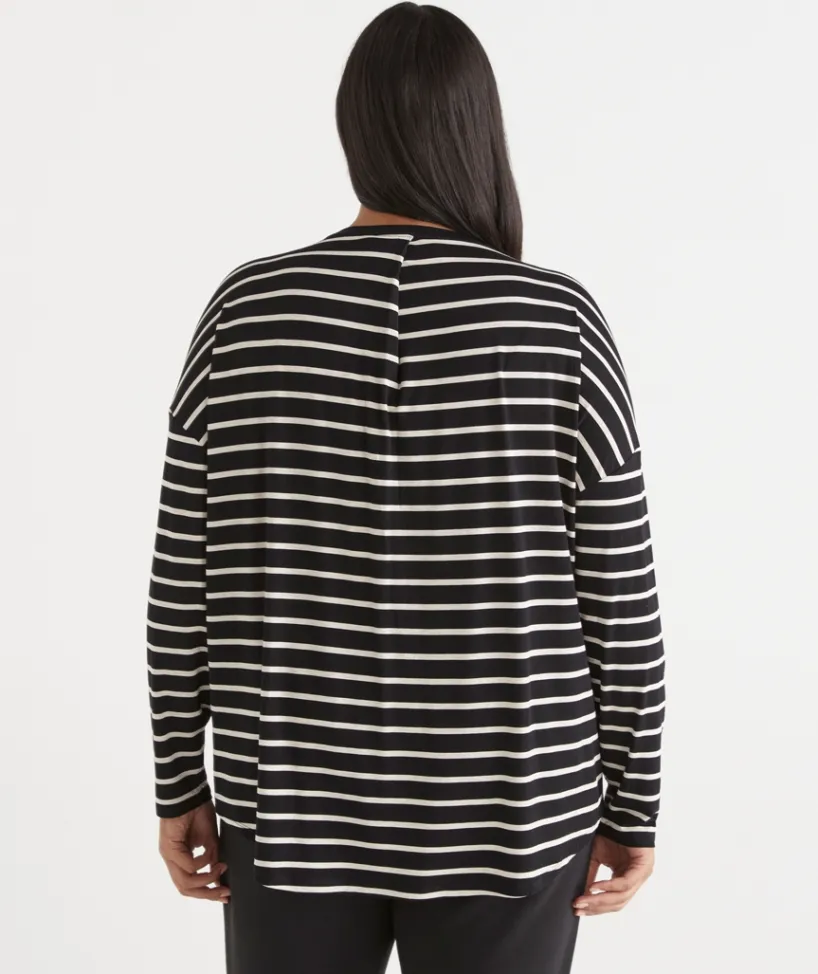 Sussan Tops|T-Shirts>Long Sleeve Stripe Pleat Back Tee -