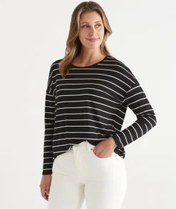 Sussan Tops|T-Shirts>Long Sleeve Stripe Pleat Back Tee -