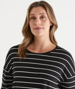 Sussan Tops|T-Shirts>Long Sleeve Stripe Pleat Back Tee -