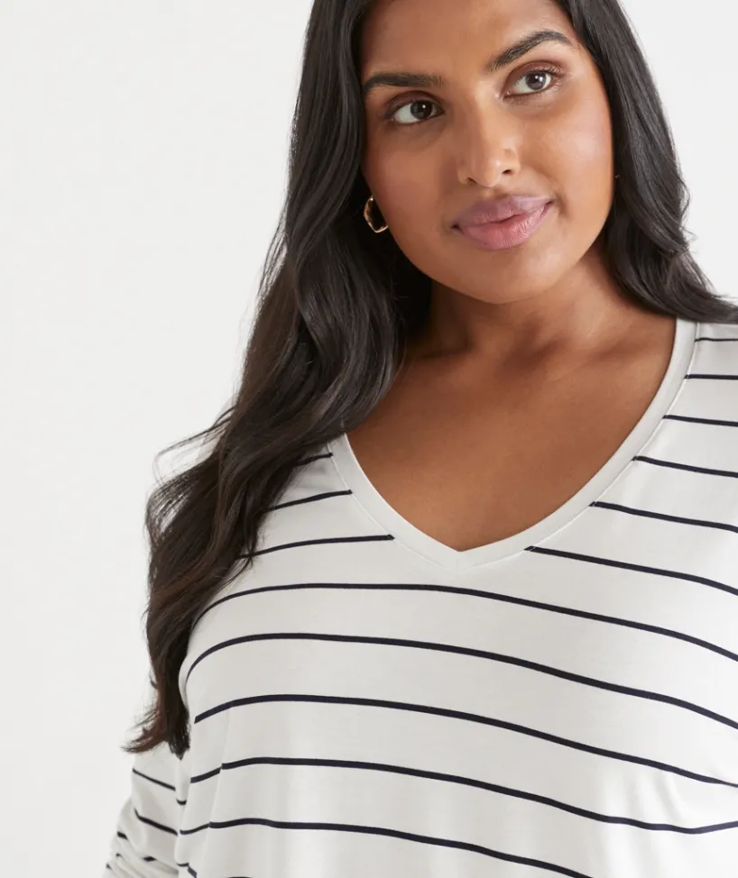 Sussan Tops|T-Shirts>Long Sleeve V Neck Stripe Pleat Back Tee -
