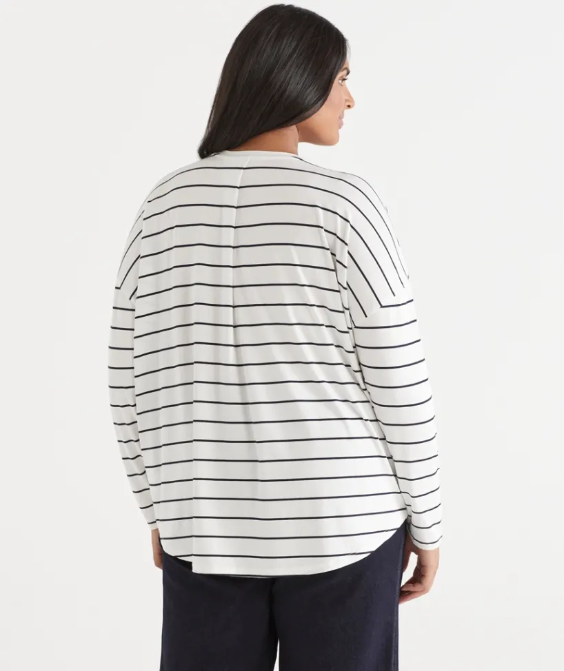 Sussan Tops|T-Shirts>Long Sleeve V Neck Stripe Pleat Back Tee -