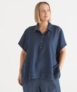 Sussan Shirts & Blouses|Tops>Lyocell Collared Short Sleeve Shirt