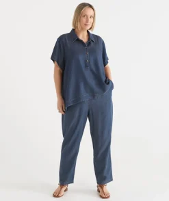 Sussan Shirts & Blouses|Tops>Lyocell Collared Short Sleeve Shirt