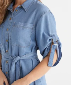 Sussan Dresses>Lyocell Short Sleeve Midi Shirt Dress
