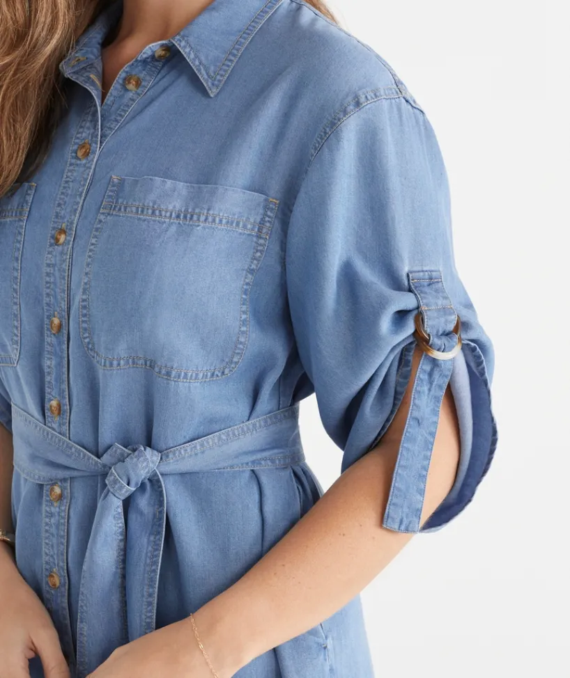 Sussan Dresses>Lyocell Short Sleeve Midi Shirt Dress